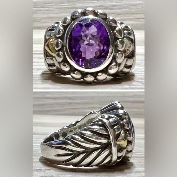 Vintage Designer Signed BJC Sterling Silver & 18K Gold Amethyst Ring, Size 6 - Picture 1 of 10